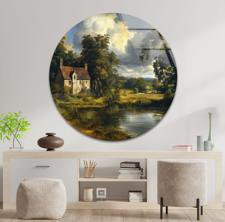 Cottage by the Pond – Vintage Countryside Landscape Glass Wall Art