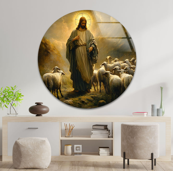 Der gute Hirte – Jesus mit Schafen – Wandbild aus Glas