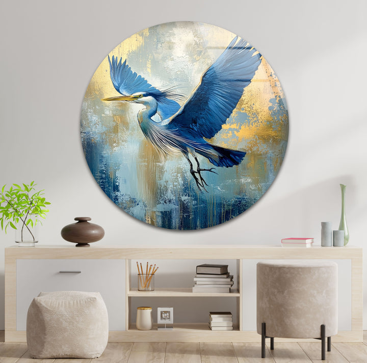 Wings of Sapphire – Blauer Reiher im Flug, Glaswandkunst