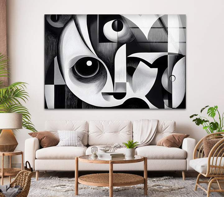 Minimalist yet expressive cubist art in monochrome, transformed into elegant glass wall art.