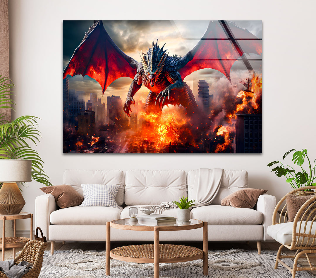 Dragon apocalyptic scene, with a powerful creature bringing fiery devastation.
