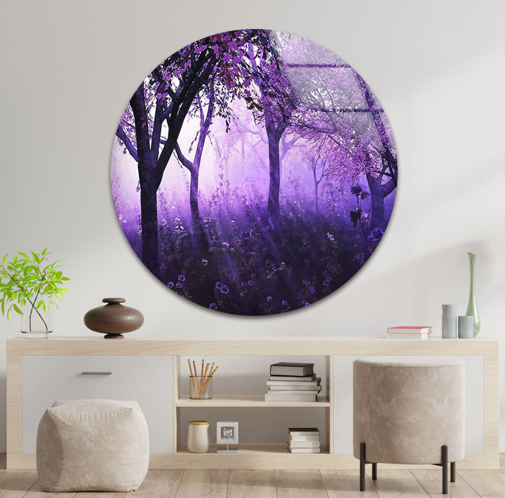 Mystic Purple Forest – Enchanted Trees with Lavender Light Glass Wall Art