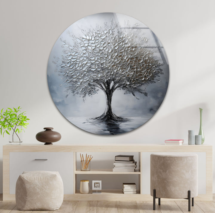 Silver Serenity – Moderne strukturierte Baumglas-Wandkunst
