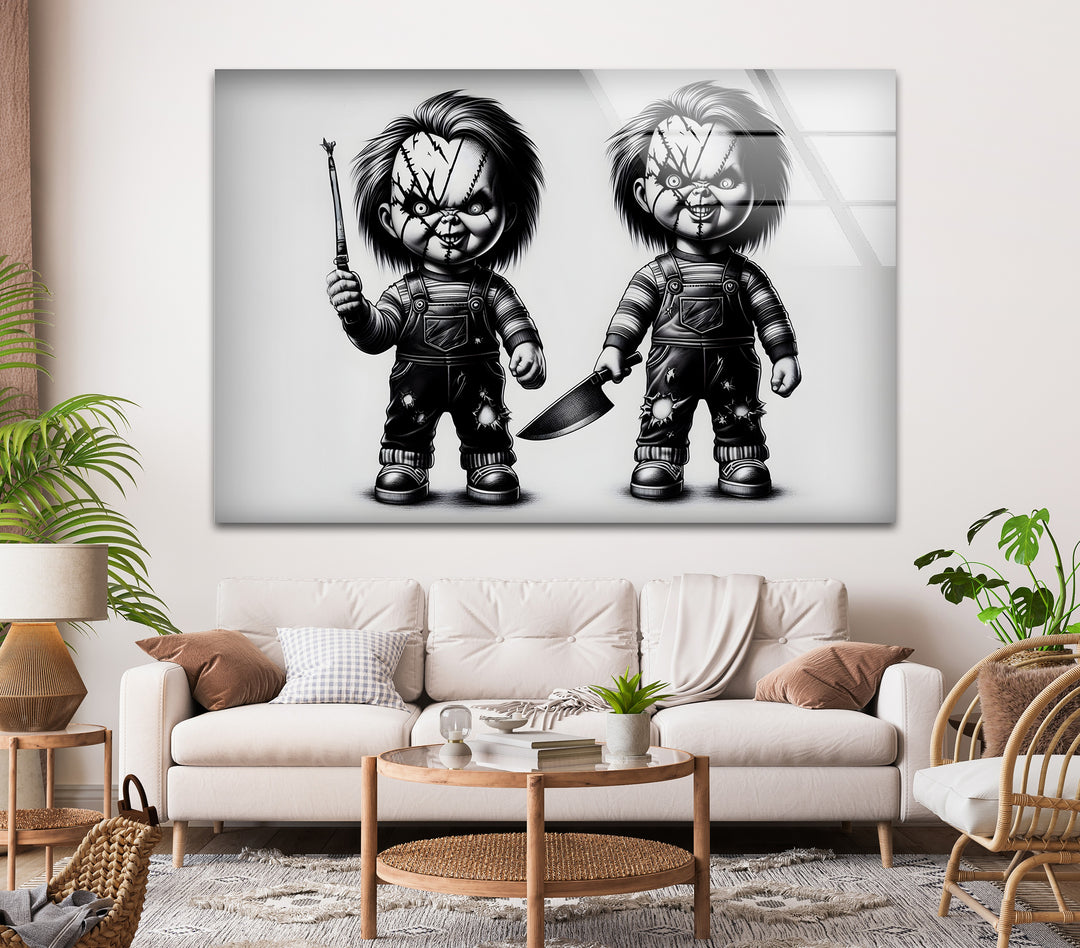 A bold black and white painting that captures the eerie essence of horror dolls in chilling detail.

