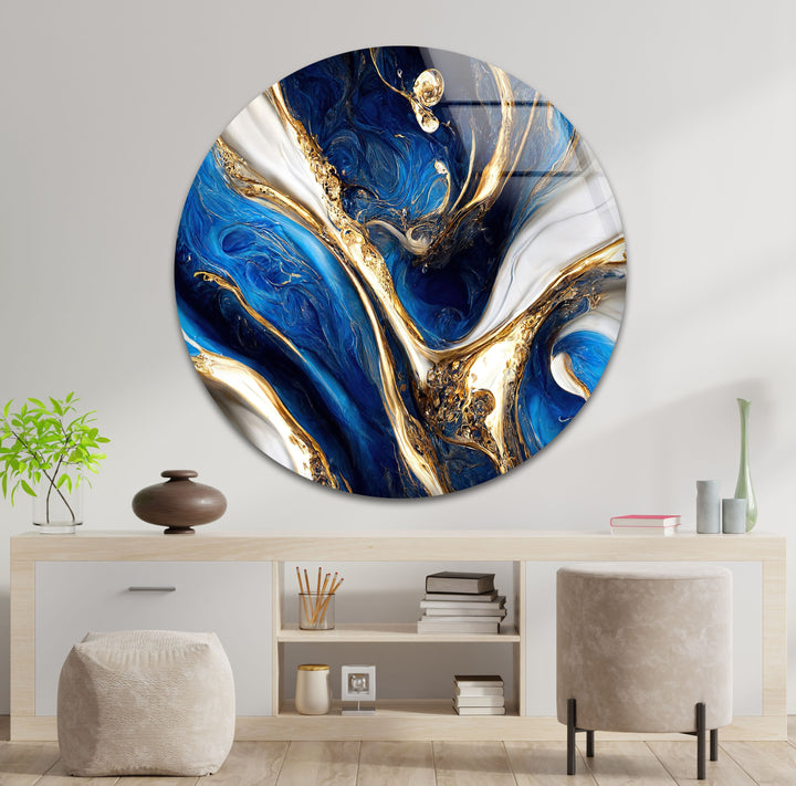 Celestial Currents – Blue and Gold Abstract Glass Wall Art