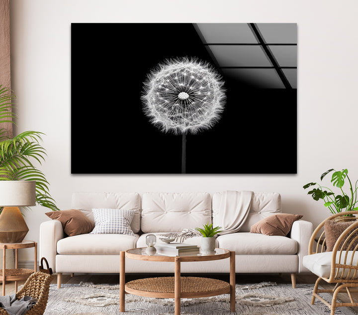 A minimalist black and white glass wall art piece showcasing the beauty of a dandelion in full bloom.