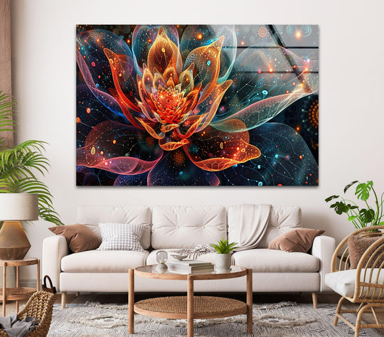 A vivid botanical colorful flower glass wall art featuring fiery oranges and cool blues dominates the scene.