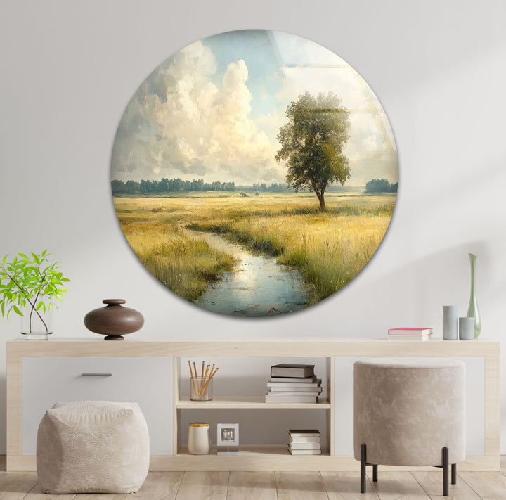 Goldene Wiese – Friedliches Feld mit einsamem Baum, Glaswandkunst