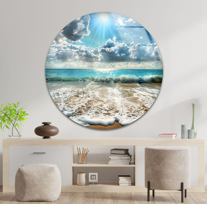 Sunlit Ocean Waves and Sandy Beach - Glass Wall Art
