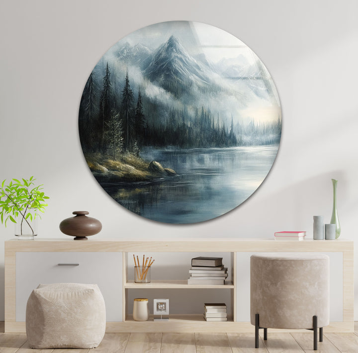 Whispering Pines – Misty Mountain Lake Glass Wall Art
