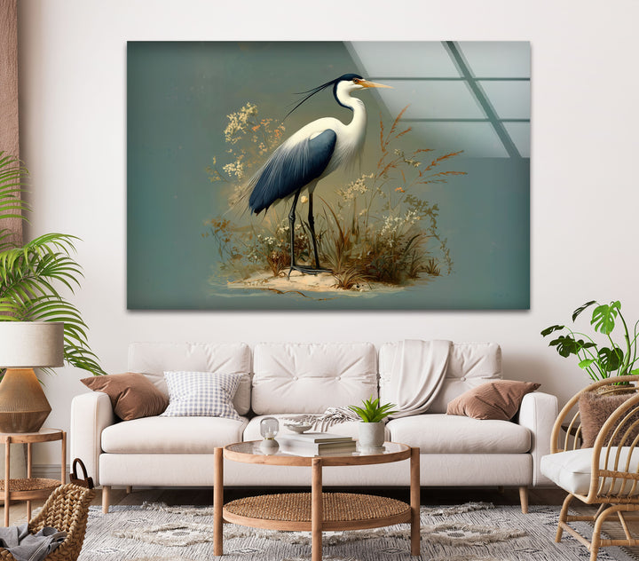 Quiet Bloom – Eleganter Reiher mit Wildblumen, Glaswandkunst