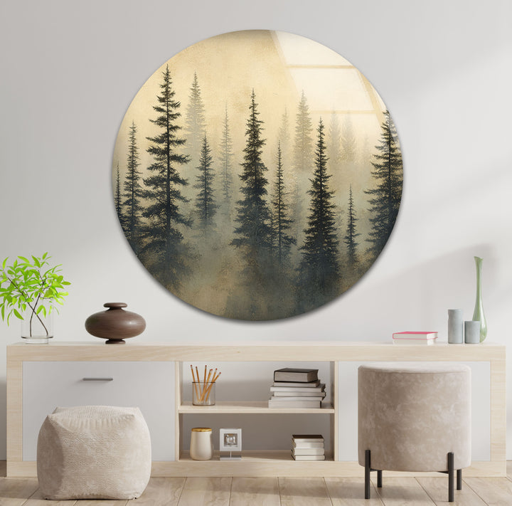 Whispers in the Pines – Misty Forest Scene Glass Wall Art