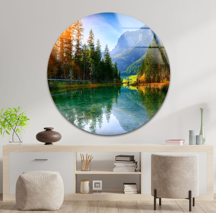 Tranquil Reflections – Alpine Lake and Mountain View Glass Wall Art
