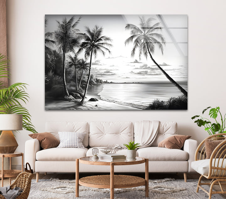 Beautifully detailed black and white glass wall art showcasing a tropical paradise with ocean waves.