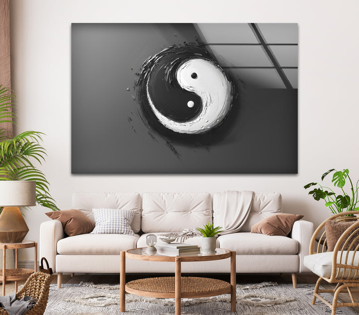 Minimalist yin-yang design in a bold monochrome palette, beautifully printed on glass wall art.