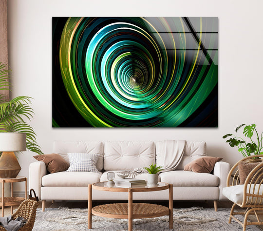 The mood is electric and energetic with this stunning abstract wall art prints of swirling green and yellow circles.