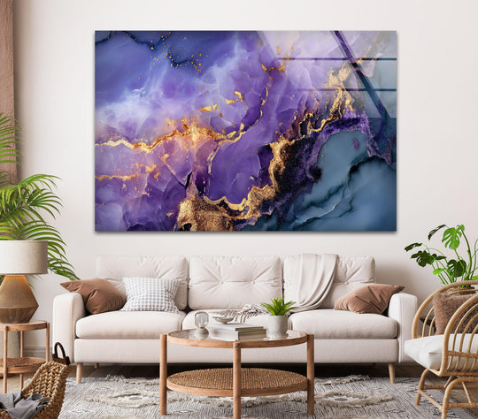 Stunning abstract glass wall art decor with swirling lilac purple and gold alcohol ink patterns that create a luxurious background.