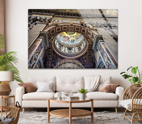 The stillness of the St. Peter's Basilica ceiling is captured in this decorative wall art featuring Vatican architecture on glass.