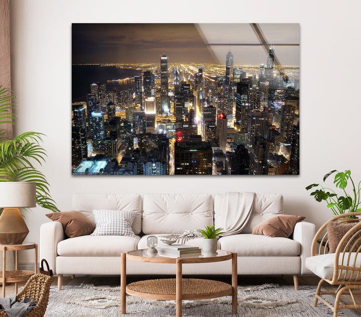 Chicago Stadtbild Glaswandkunst – Nacht Skyline Modernes Dekor