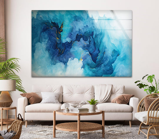 A modern glass art painting featuring swirling sapphire and azure watercolor hues on high-quality tempered glass.