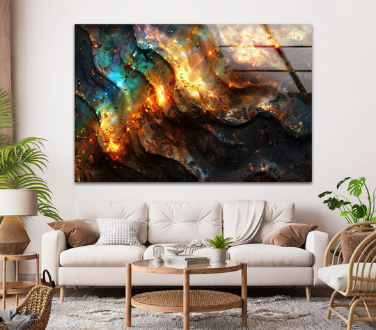 Organic forms swirl in luminous, fiery cosmos best glass art, creating a dramatic abstract wall art statement.