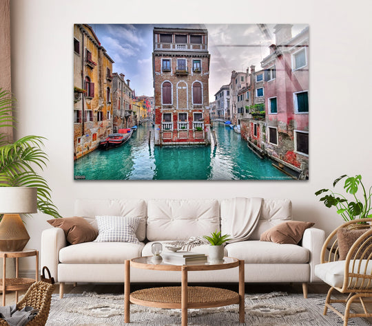 The abstract quality of Venice Canal glass wall prints evokes vibrant reflections and textural architecture, creating an intriguing visual art piece.
