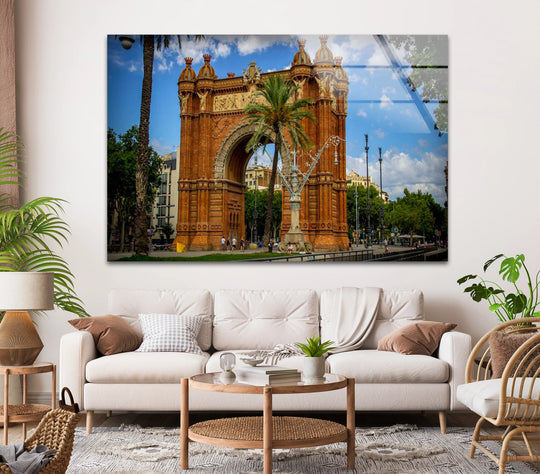 Vibrant color saturation highlights the Barcelona Arch in this tempered glass wall art, featuring the iconic Arc de Triomf historic landmark.