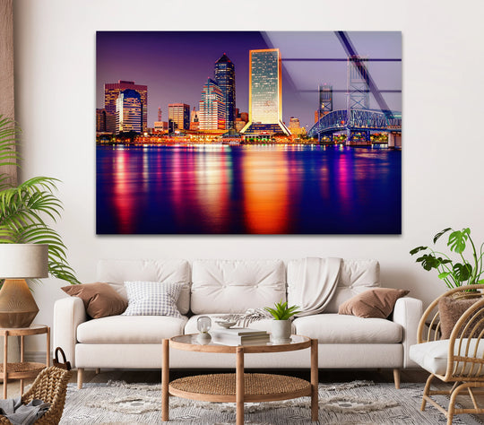 Visual rhythm emanates from the Radiant City Lights night skyline glass wall art, where building lights find harmonic reflection in the water, complementing the home decoration.
