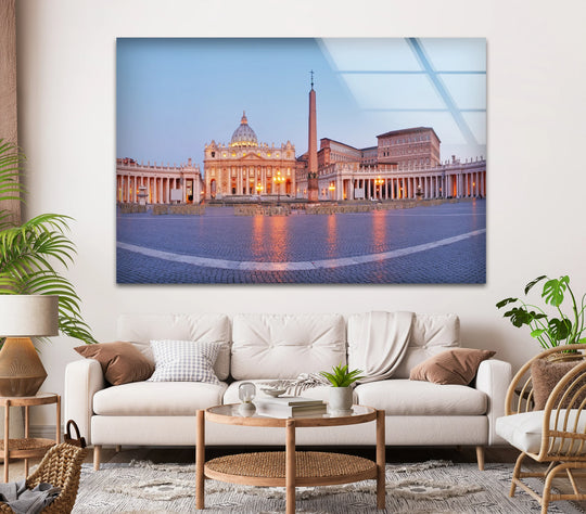 Layering effect created as the Vatican City scene is vividly rendered in glass wall artwork, accentuating St. Peter’s Square and basilica at dawn.