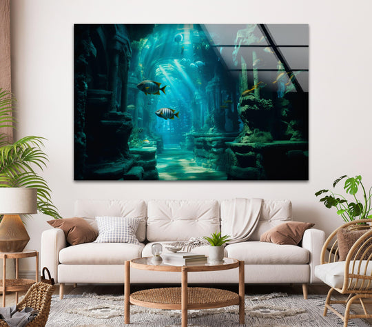 Ocean algae glass wall art shows underwater animal artwork and calming ocean painting and blue and green shades make it ocean wall art on a white wall