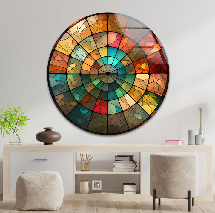Rustikale Mosaik-Wandkunst aus Buntglas – Erdiges rundes Fensterdesign
