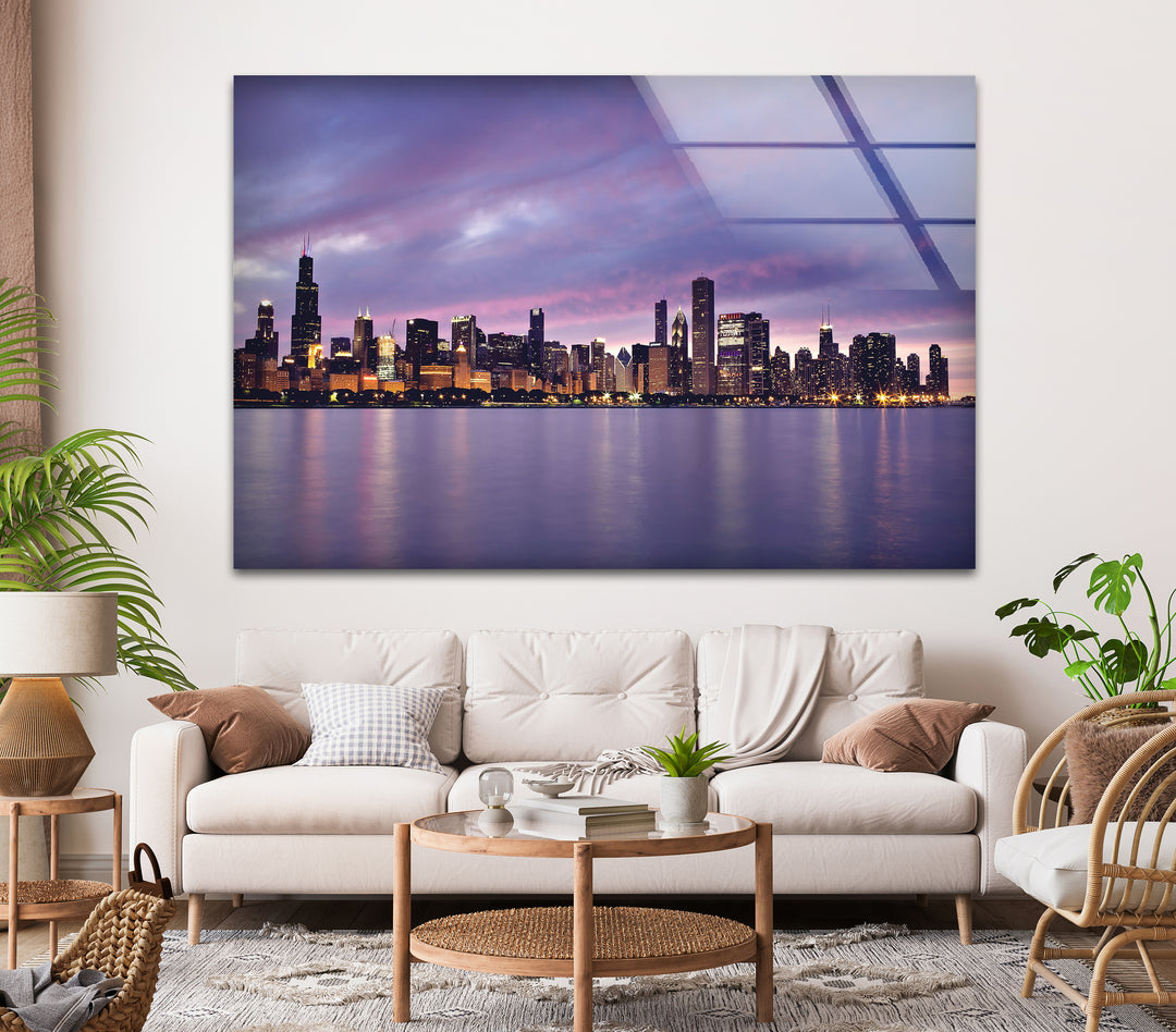 Glaswandkunst mit der Skyline von Chicago – Atemberaubender Blick auf die Innenstadt von Chicago bei Sonnenuntergang