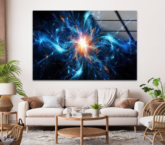 Radiating cosmic energy glass art painting showcases a vibrant transition from electric blues to fiery oranges in an abstract design.