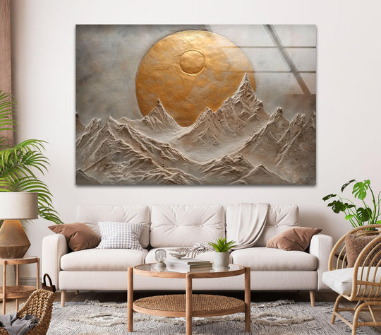 Sunset Painting cool art features a golden sun and textured mountains crafted with 8K UV printing and it is glass wall art for elegant decor