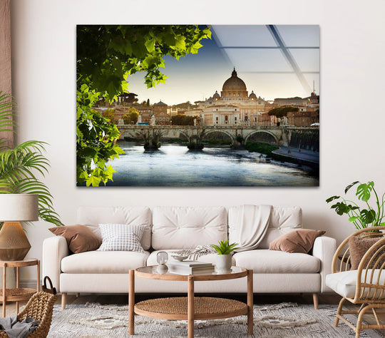 Flowing water depicts the sense of movement on this Rome skyline glass art painting featuring St. Peter’s Basilica reflecting on the Tiber River.