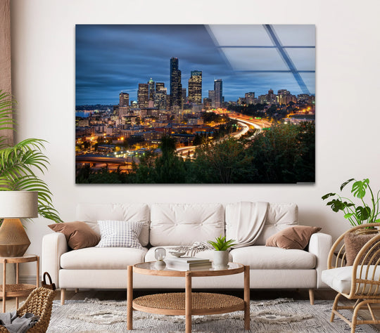 Seattle skyline at night is the central subject of this stunning Seattle Skyline glass print wall art, illuminating a breathtaking view of the city's downtown.