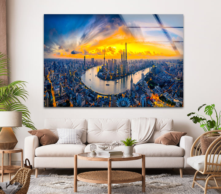 Glaswandkunst mit Skyline von Shanghai – Luftaufnahme des Stadtbilds bei Sonnenuntergang
