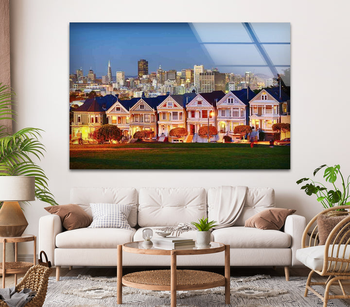 San Francisco Glaswandkunst – Painted Ladies &amp; Skyline der Stadt