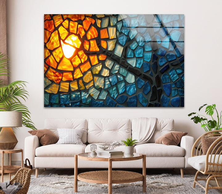 Mosaic Orange & Blue Glass Wall Art photo print on glass, prints on glass wall art