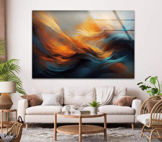 Orange abstract painting on glass printing showcases the softest wisps of fiery sunset hues blending into deep, airy blues.