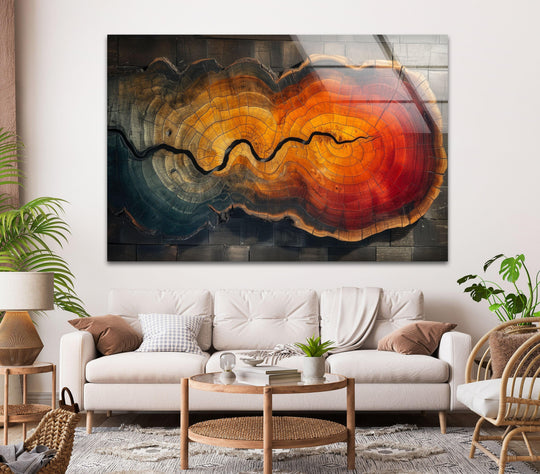 A vibrant wood grain abstract glass wall artwork showcases a glossy, reflective finish with deep, rich colors.