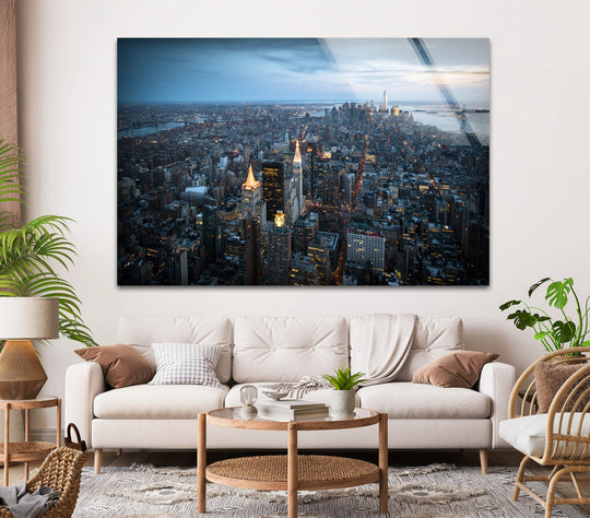 City Prints featuring New York City Skyline Glass Wall Art showing a Manhattan aerial view at twilight featuring the Empire State Building is breathtaking wall decor