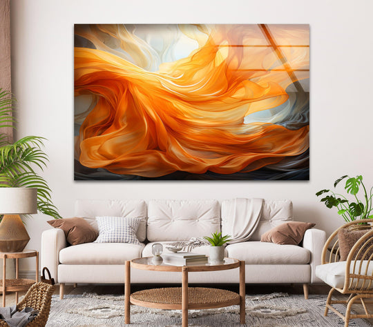 Captivating abstract painting glass wall art featuring flowing orange tones, beautiful art from glass.