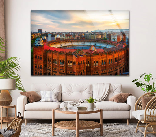 Arena de Barcelona, an iconic Spanish landmark, showcases the magnificent architectural details as the focal point of this captivating glass wall artwork.