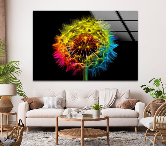 Soft light illuminates the vibrant, rainbow-colored dandelion seeds in this stunning glass art, casting subtle shadows.