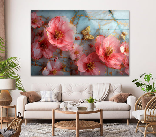 Undulating pink flower petals and veining gold on a textured surface create striking organic forms in this floral glass wall art, adding unique home decor.