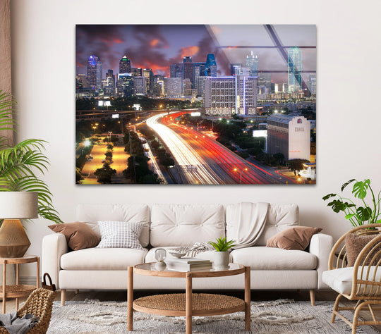 Atmospheric home decor is evoked by this Dallas skyline glass wall art at dusk, illuminating the skyline's skyscrapers with a vibrant, captivating urban mood.
