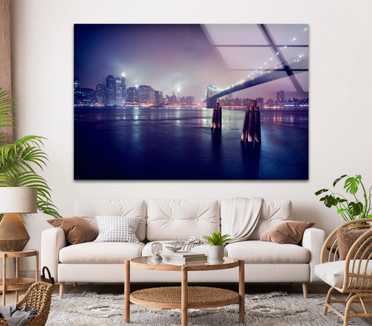 Deep, shadowy water defines the lower portion of this stunning Brooklyn Lights bridge scene, a mesmerizing example of art from glass.