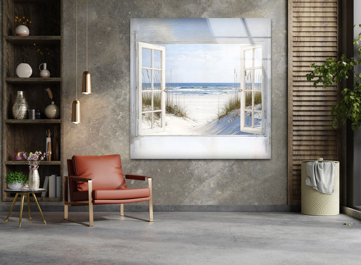 White Sands Serenity – Open Window Coastal Glass Wall Art