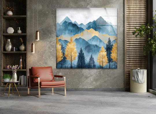 Golden Pines in Azure Mountains – Landscape Glass Wall Art - MyPhotoStation